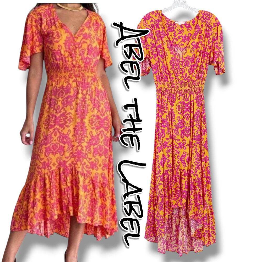 Anthropologie Abel The Label Maya High Low Midi Dress S Orange Pink Damask